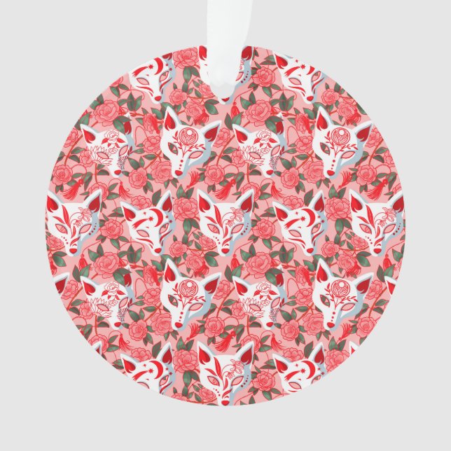 Masques Kitsune et camélia fleurie sur rose (devant)