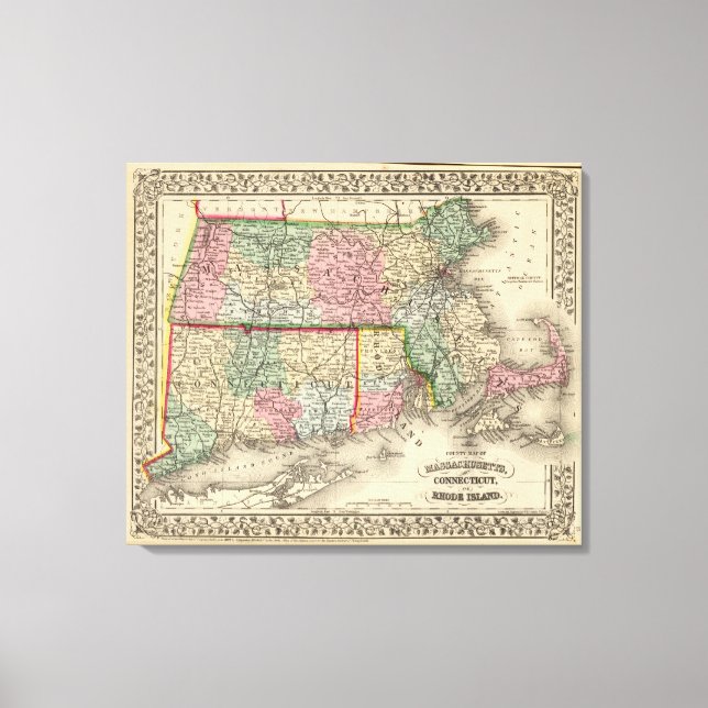 Mass, Conn, RI Map by Mitchell Canvas Print (Front)