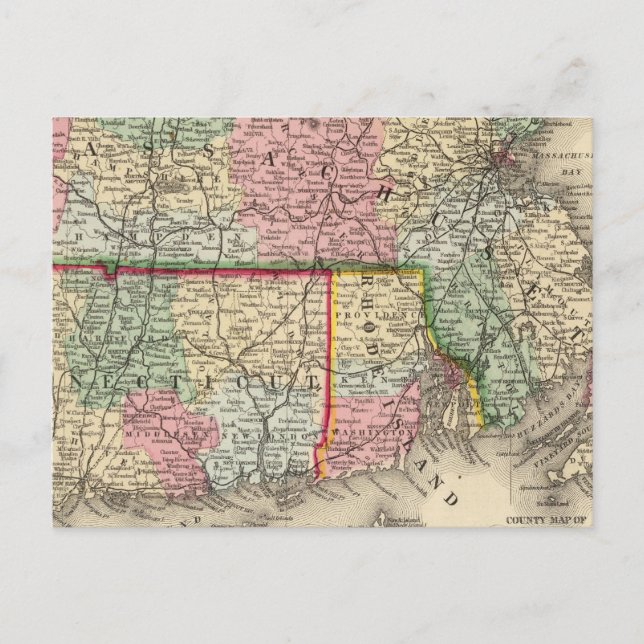 Mass, Conn, RI Map by Mitchell Postcard (Front)
