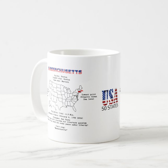 Massachusetts American state on a map and details Coffee Mug (Front Left)