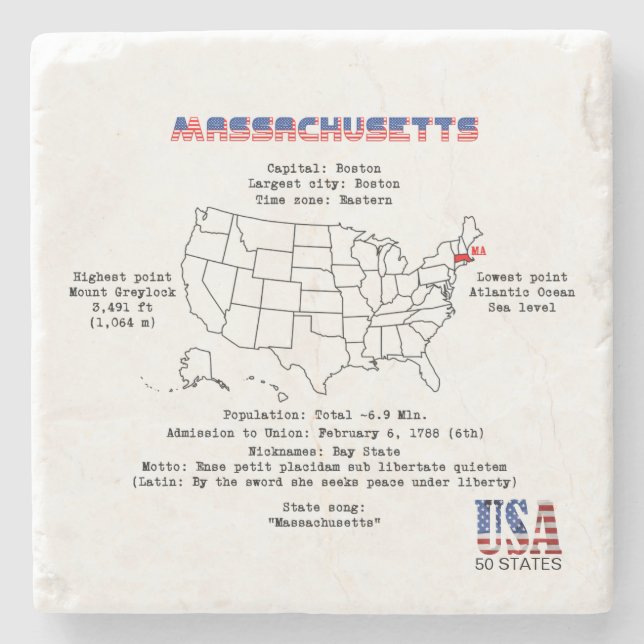 Massachusetts American state on a map and details Stone Coaster (Front)
