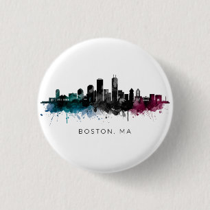 Massachusetts Art Boston MA Skyline Watercolor 1 Inch Round Button