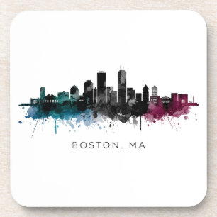 Massachusetts Art Boston MA Skyline Watercolor Coaster