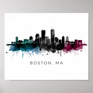 Massachusetts Art Boston MA Skyline Watercolor Poster