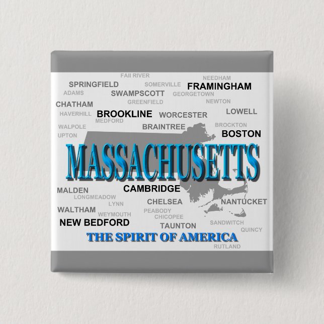 Massachusetts Cities and Towns State Pride Map 2 Inch Square Button (Front)