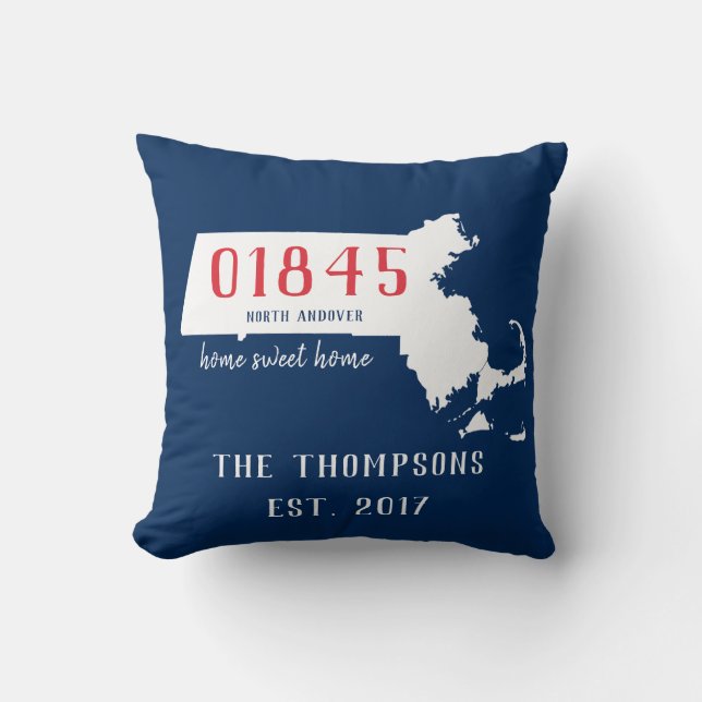 Massachusetts Custom Town Zip Code Pillow Blue Red (Front)