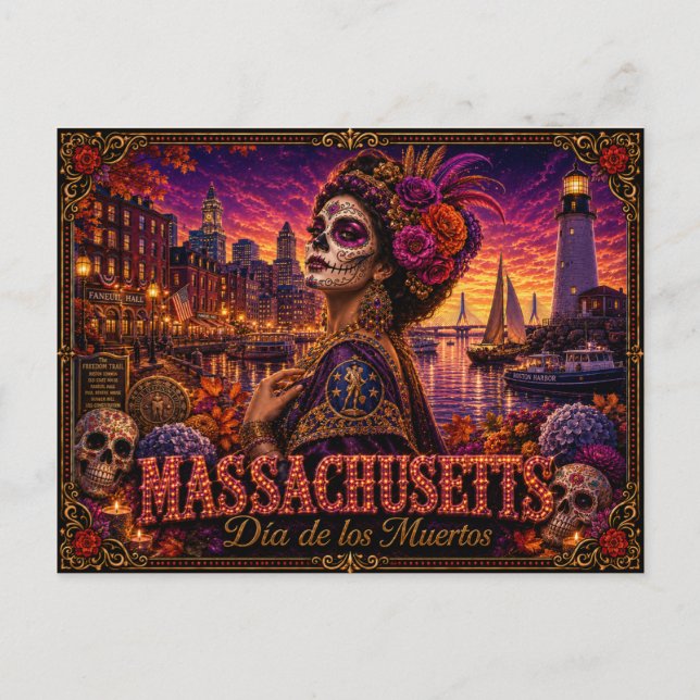 Massachusetts Día de los Muertos Retro Postcard (Front)