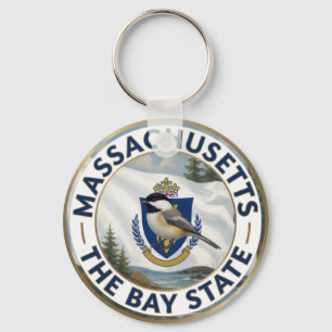 🌊 Massachusetts Flag and Black-capped Chickadee Keychain