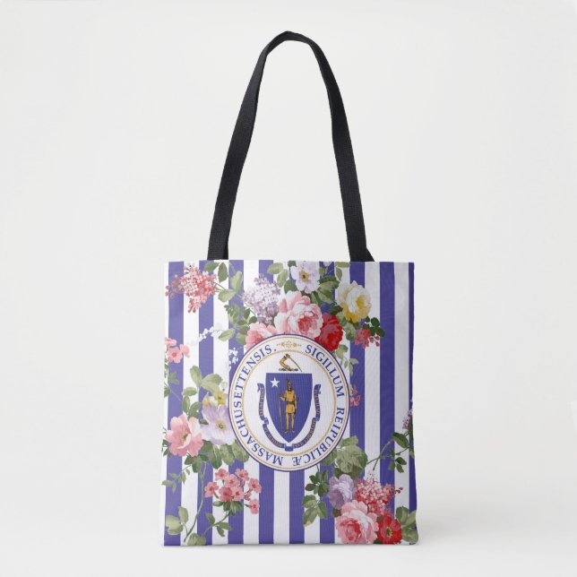 Massachusetts Floral Stripe Personalize Tote Bag (Front)