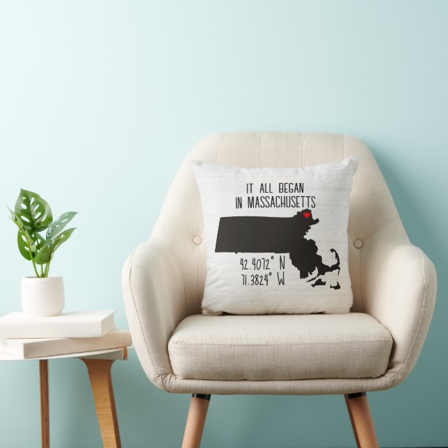 Massachusetts GPS Coordinates with Heart Throw Pillow (Chair)