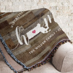 Massachusetts Home State Personalized Wood Look Throw Blanket<br><div class="desc">Show some home state pride with this cute rustic faux wood plank throw blanket featuring "home" in white calligraphy script lettering with a silhouette map of the state of Massachusetts standing in for the letter "O." A pink heart illustration inside the state map completes the design; you can change the...</div>