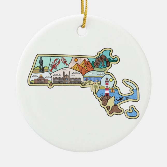 Massachusetts Map Boston Cape Cod Salem Souvenir Ceramic Ornament (Front)