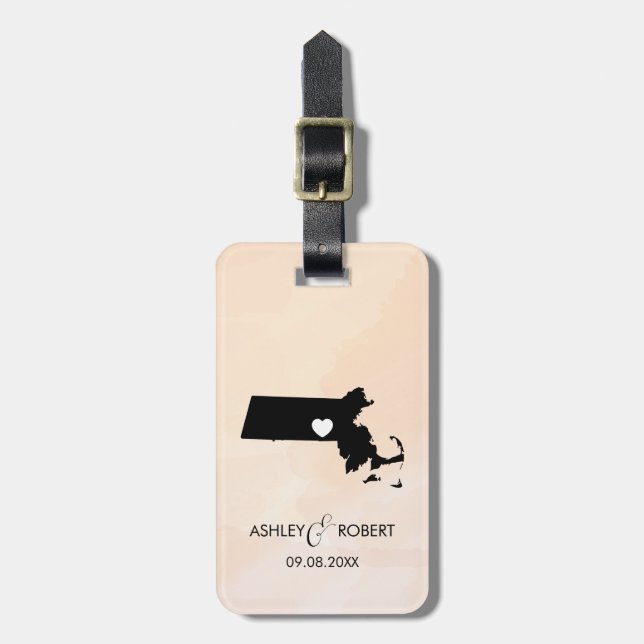 Massachusetts Map Wedding Luggage Tag, Personalize Luggage Tag (Front Vertical)