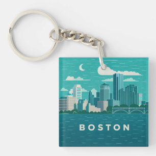 Massachusetts Night Cityscape   Boston City Keychain