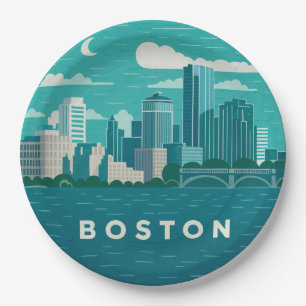 Massachusetts Night Cityscape   Boston City Paper Plate