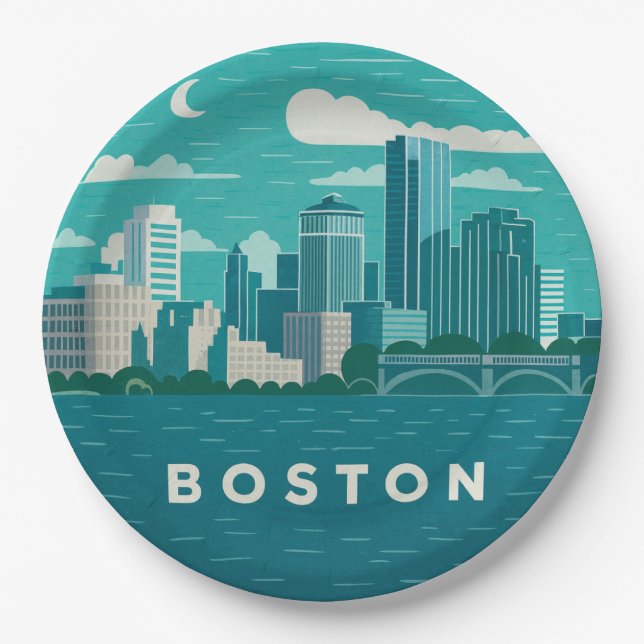 Massachusetts Night Cityscape | Boston City Paper Plate (Front)