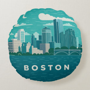 Massachusetts Night Cityscape   Boston City Round Pillow