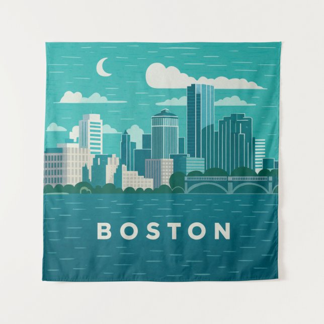 Massachusetts Night Cityscape | Boston City Tapestry (Front)