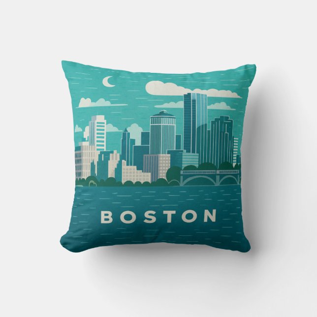 Massachusetts Night Cityscape | Boston City Throw Pillow (Front)