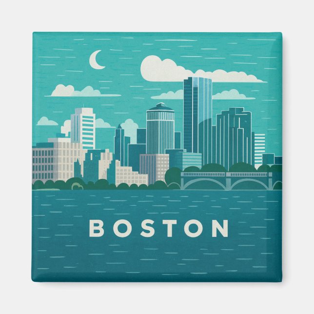 Massachusetts Night Cityscape | Boston Skyline Art Magnet (Front)