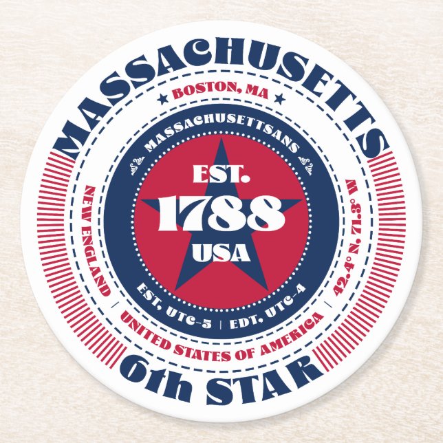 Massachusetts Red White Blue Typography Round Paper Coaster (Front)