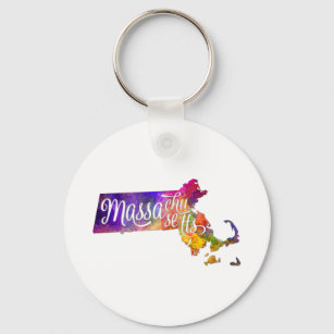 Massachusetts US State in watercolor text cut out. Keychain