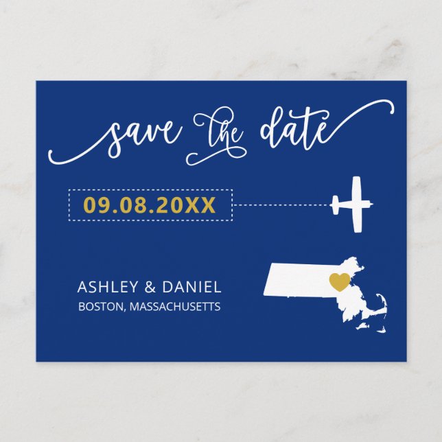 Massachusetts Wedding Save the Date Map Postcard (Front)