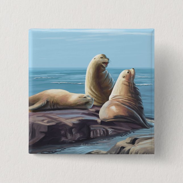 MassachusettsSea Lions Scene 2 Inch Square Button (Front)