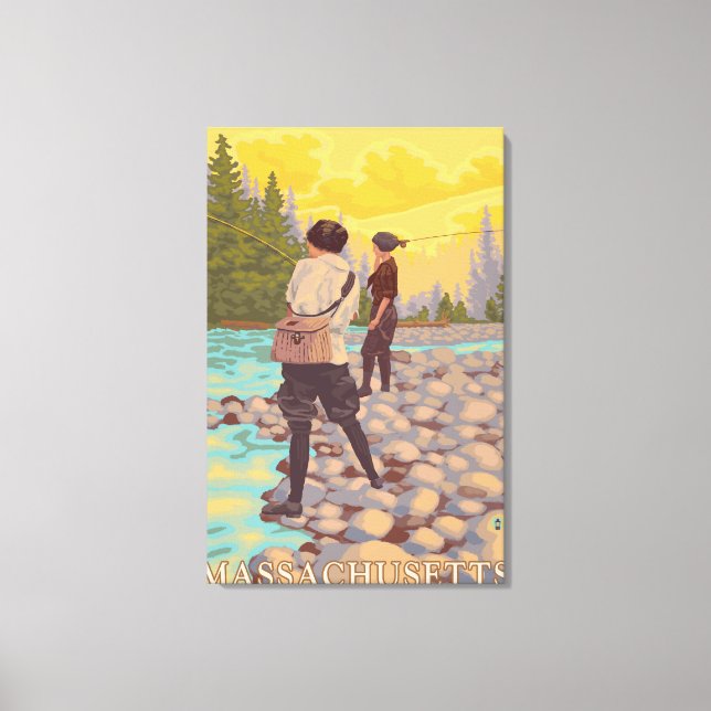 MassachusettsWomen Fly Fishing Scene Canvas Print (Front)