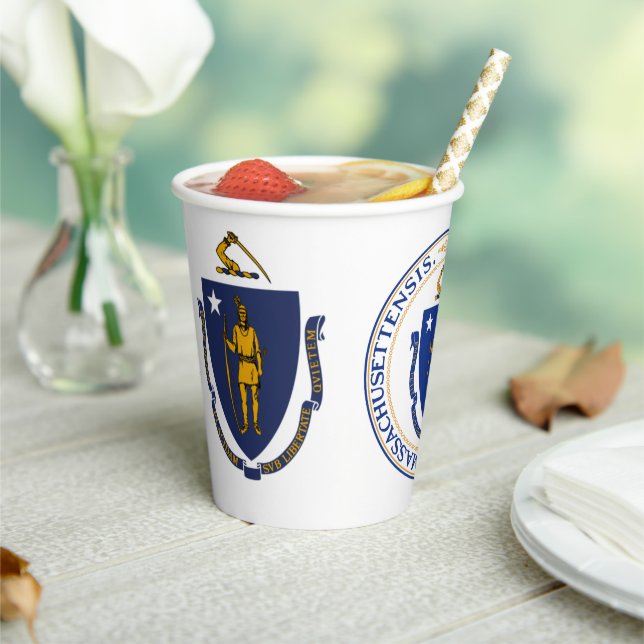 Massachusite Flag & Seal, Flag of Massachusetts Paper Cups (Insitu)
