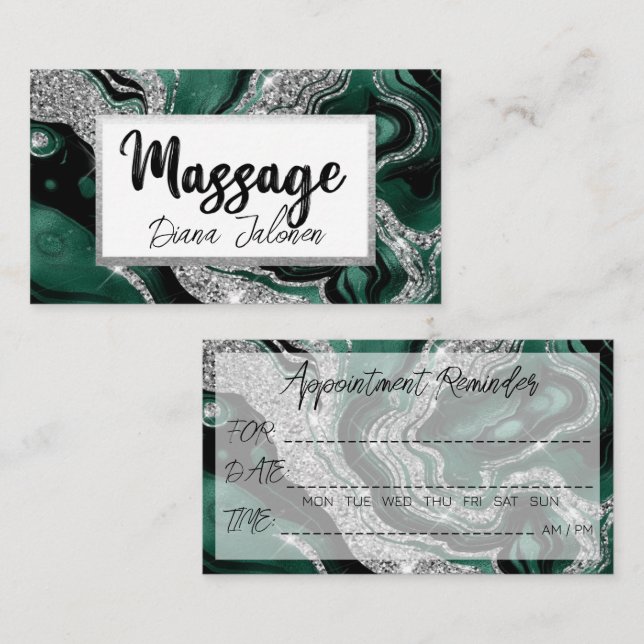 Massage Appointment Reminder  Silver Green Marble Business Card (Front/Back)