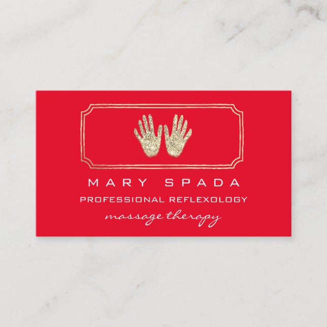 Massage Reflexology Glitter Hands Red Gold QR  Business Card (Front)