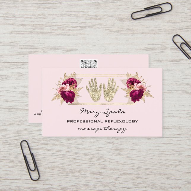 Massage Reflexology Reiki Hands Gold QRCode Floral Business Card (Front/Back In Situ)