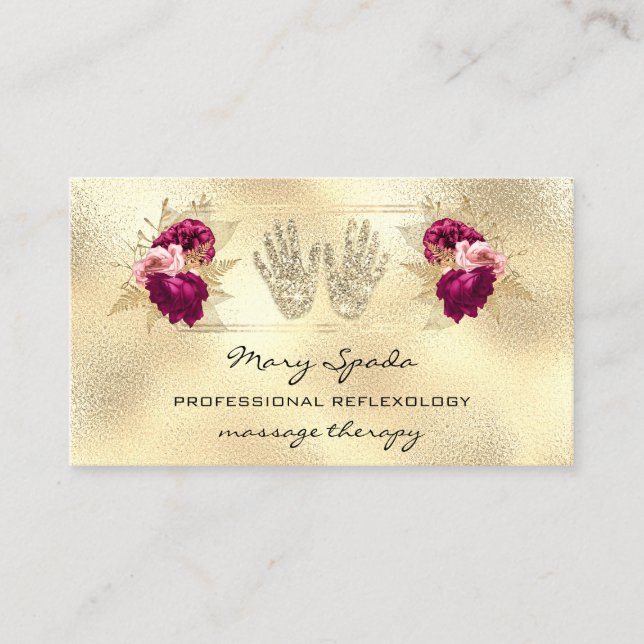 Massage Reflexology Reiki Hands Gold QRCode Wreath Business Card (Front)