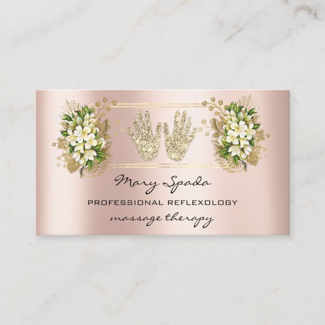Massage Reflexology Reiki Hands Rose Gold QR Code Business Card (Front)