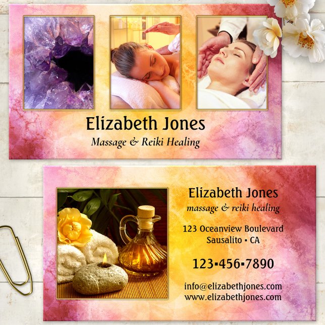 Massage Reiki Carte de visite photo de guérison (Business card featuring your photos framed by an abstract artistic ocher purple background)