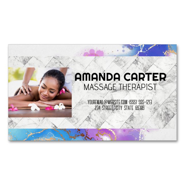Massage Session | Watercolor | Marble Magnetic Business Card (Front)