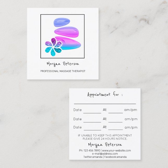 Massage Spa Wellness Flower Stone Logo Frame Blue Appointment Card (Front/Back)