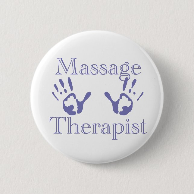 Massage Therapist: Blue Hand Prints 2 Inch Round Button (Front)