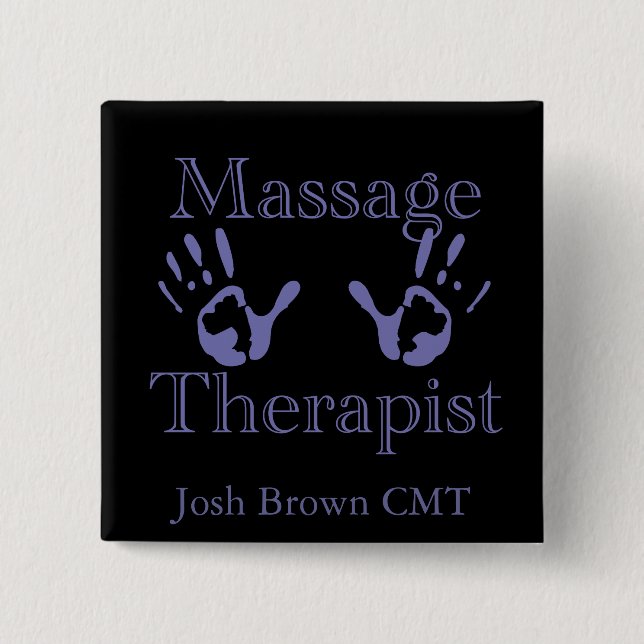 Massage Therapist: Blue Hand Prints 2 Inch Square Button (Front)