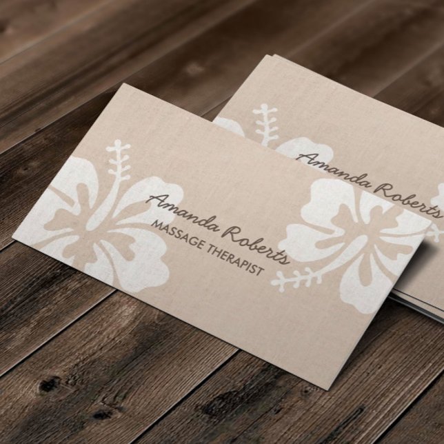 Massage Therapist Classy Hibiscus Beige Linen Business Card (Creator Uploaded)