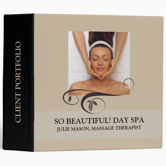 Massage Therapist Day Spa Client Portfolio (Beige) Binder (Front/Spine)