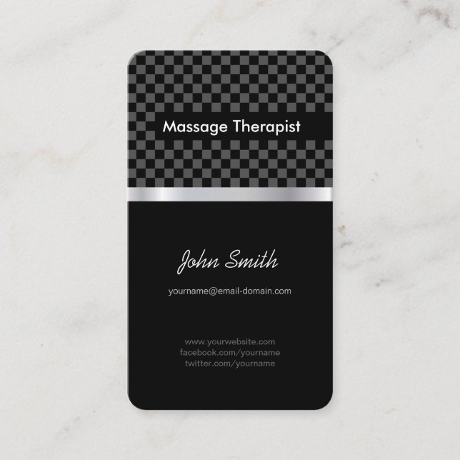 Massage Therapist - Elegant Black Chequered Business Card (Front)