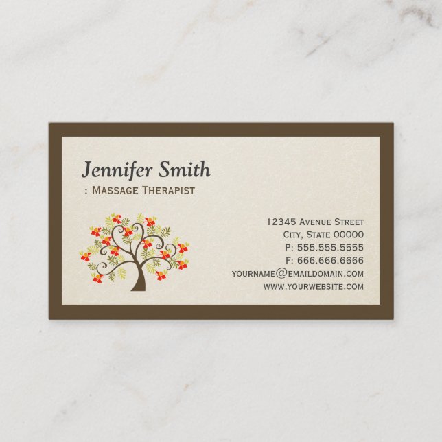 Massage Therapist - Elegant Swirl Whimsical Tree Business Card (Front)