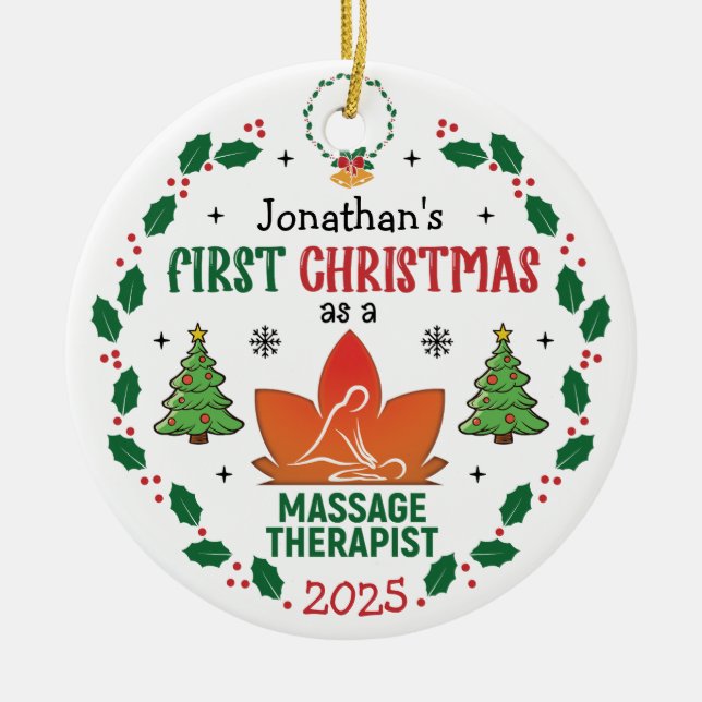 Massage Therapist First Christmas Personalized Ceramic Ornament (Front)