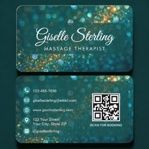 Massage Therapist Green Gold QR Code Professional Business Card