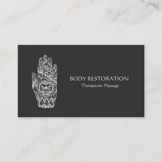 Massage Therapist Henna Dragonfly Tattoo Hand 5a Business Card (Front)