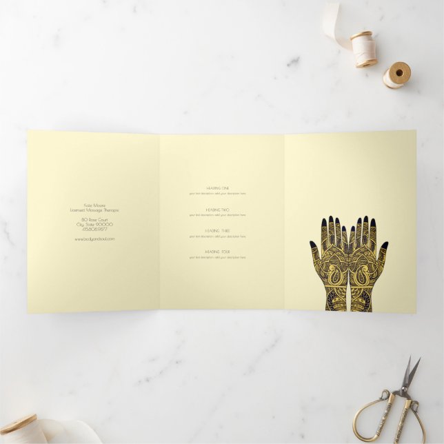 Massage Therapist Henna Mehndi Hands Tri-Fold Card (Inside)
