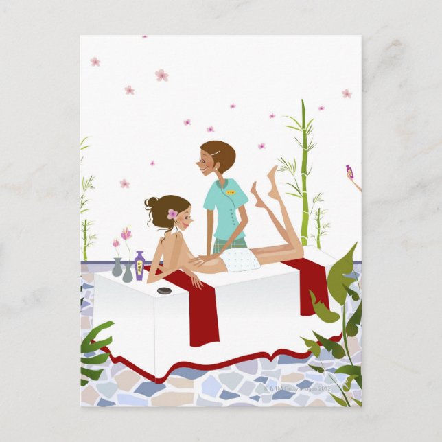 Massage therapist massaging a woman lying on a postcard (Front)