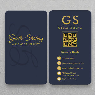 Massage Therapist Monogram Navy Blue Gold QR Code Business Card